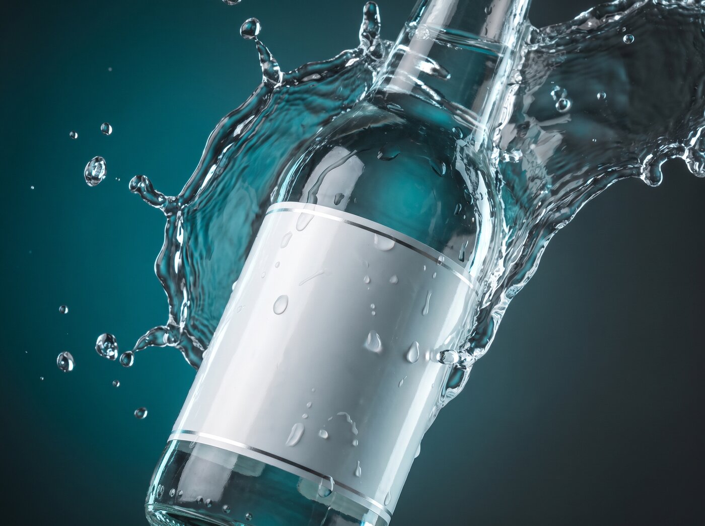 A waterproof vinyl film label staying crisp and beading water as a bottle is hit by a splash