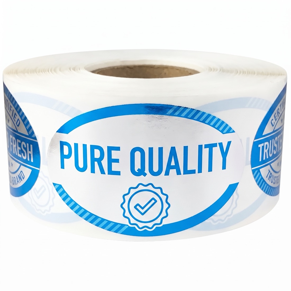 Custom printed product label roll on a studio backdrop, made by Euphora