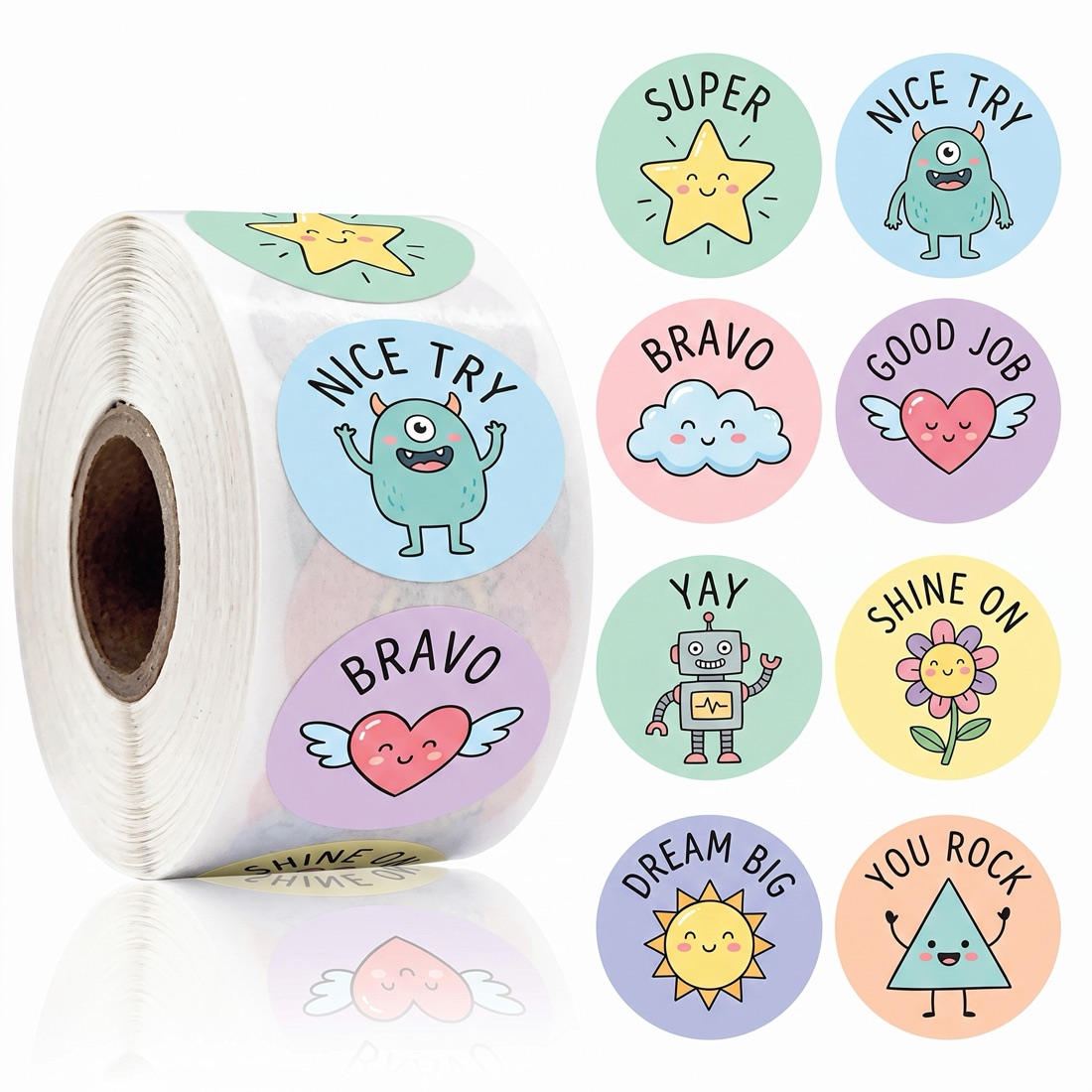 Roll of custom die-cut reward stickers with original artwork by Euphora