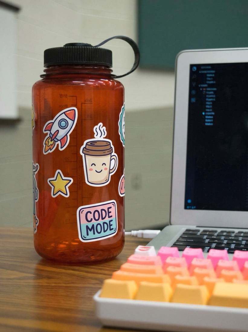 Water bottle covered in custom die-cut brand stickers